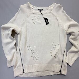 NWT Express Cream Distressed Knit Sweater with Zipper Detail Comfy Size Large